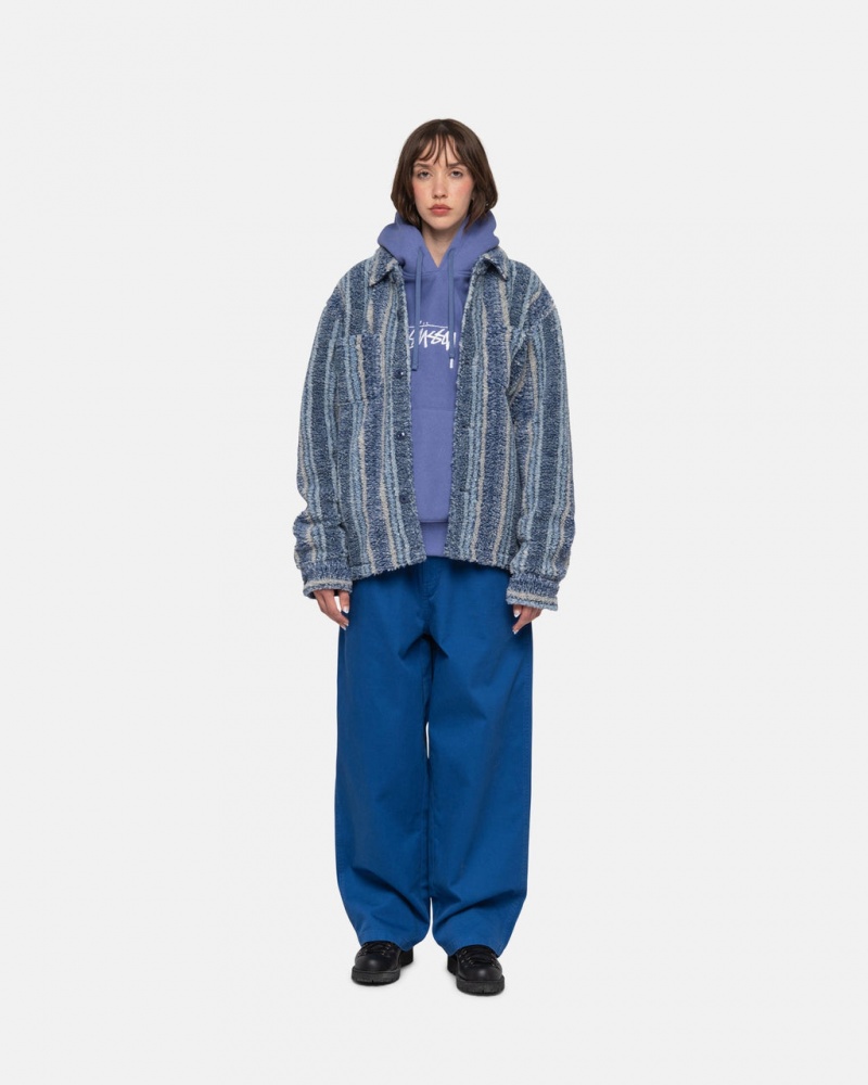 Stussy Csíkos Sherpa Shirt - Unisex Tops Shirts Sötétkék | FHUUI42292