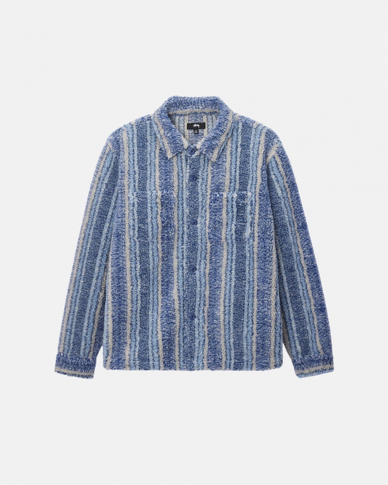 Stussy Csíkos Sherpa Shirt - Unisex Tops Shirts Sötétkék | FHUUI42292
